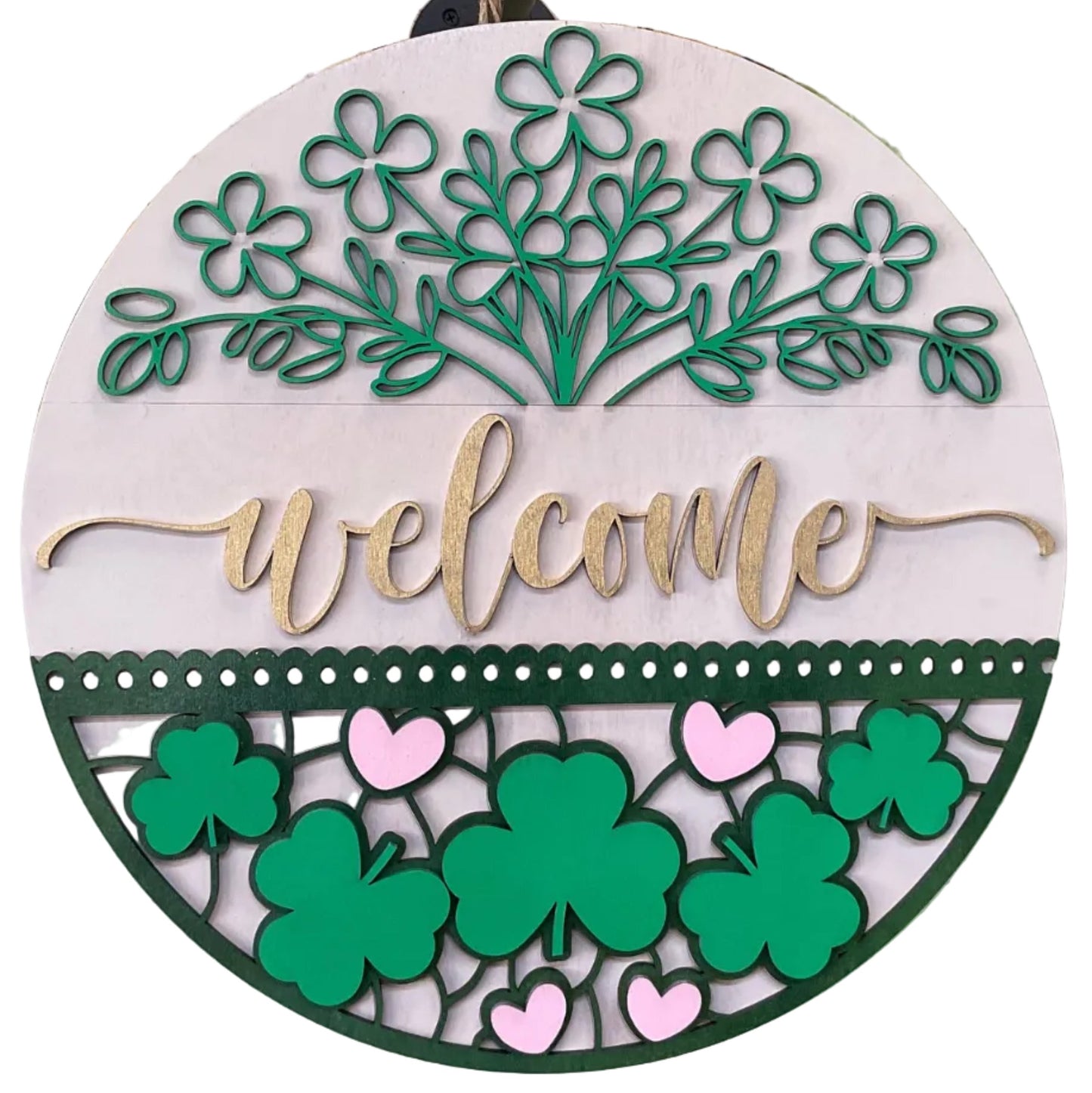 WELCOME WITH SHAMROCKS & FLOWERS WOOD 14” SIGN