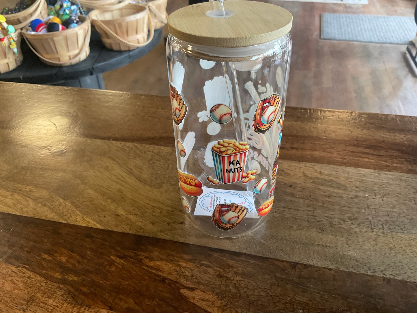 Baseball glass can with uv dtf print, lid, and glass straw