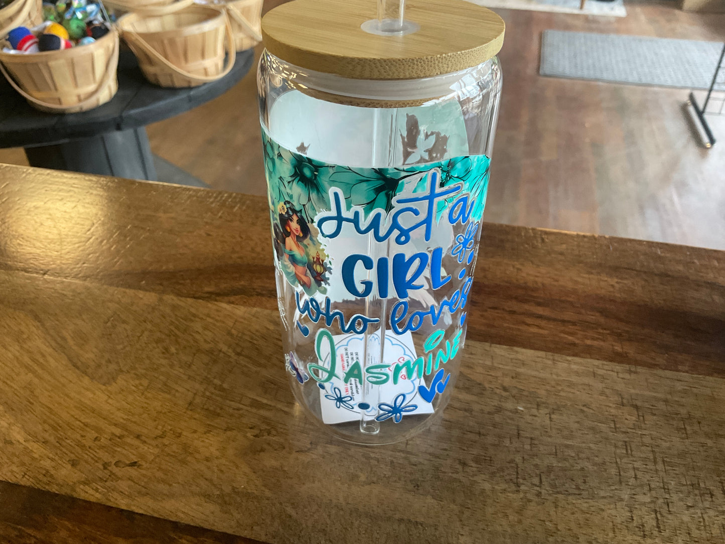 Jasmine glass can with uv dtf print, lid, and glass straw