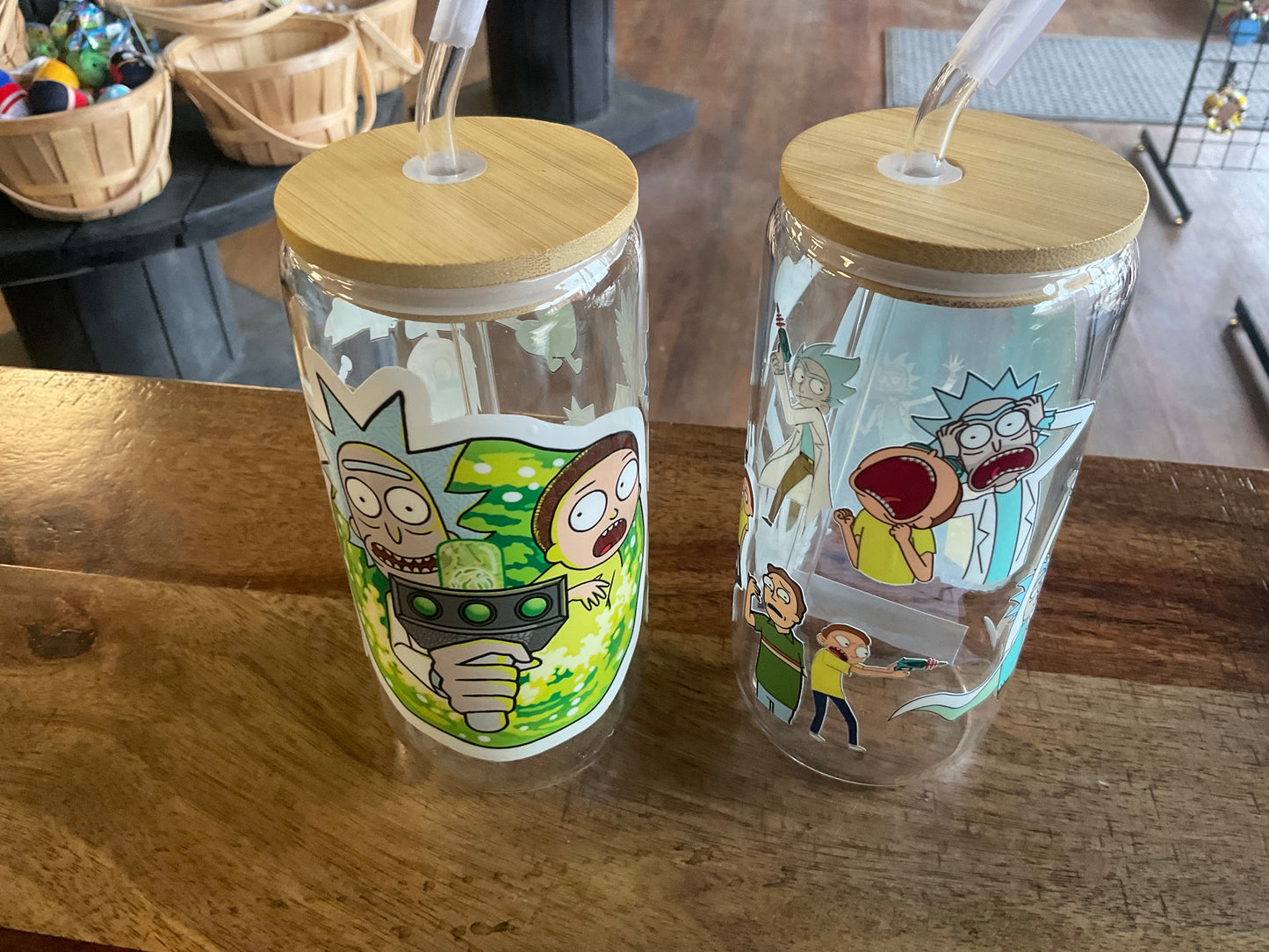 Rick and Morty glass can with uv dtf print, lid, and glass straw