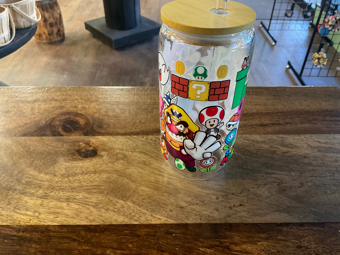 Super Mario glass can w/ UV dtf lid and glass straw