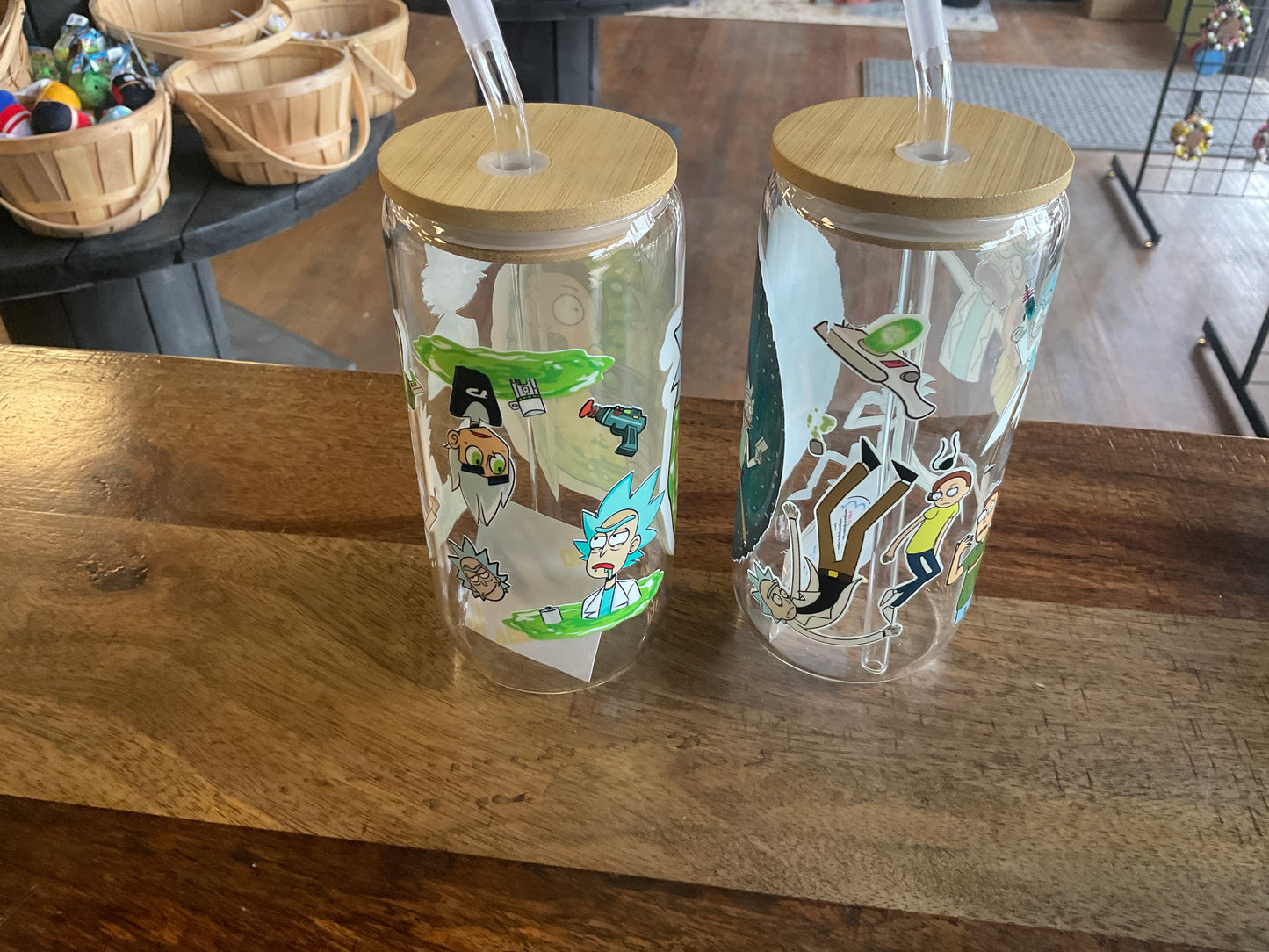 Rick and Morty glass can with uv dtf print, lid, and glass straw