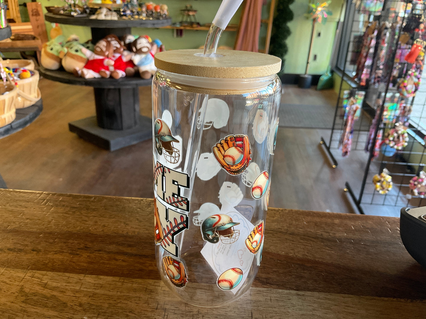 BASEBALL GDAY GLASS CAN W/UVDTF LID STRAW