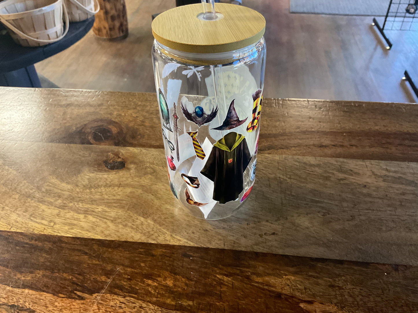 Hufflepuff glass can w/ UV dtf lid and glass straw