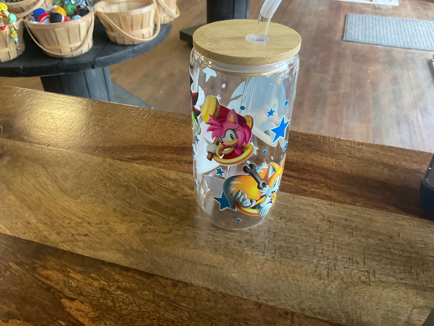 Sonic glass can with uv dtf print, lid, and glass straw