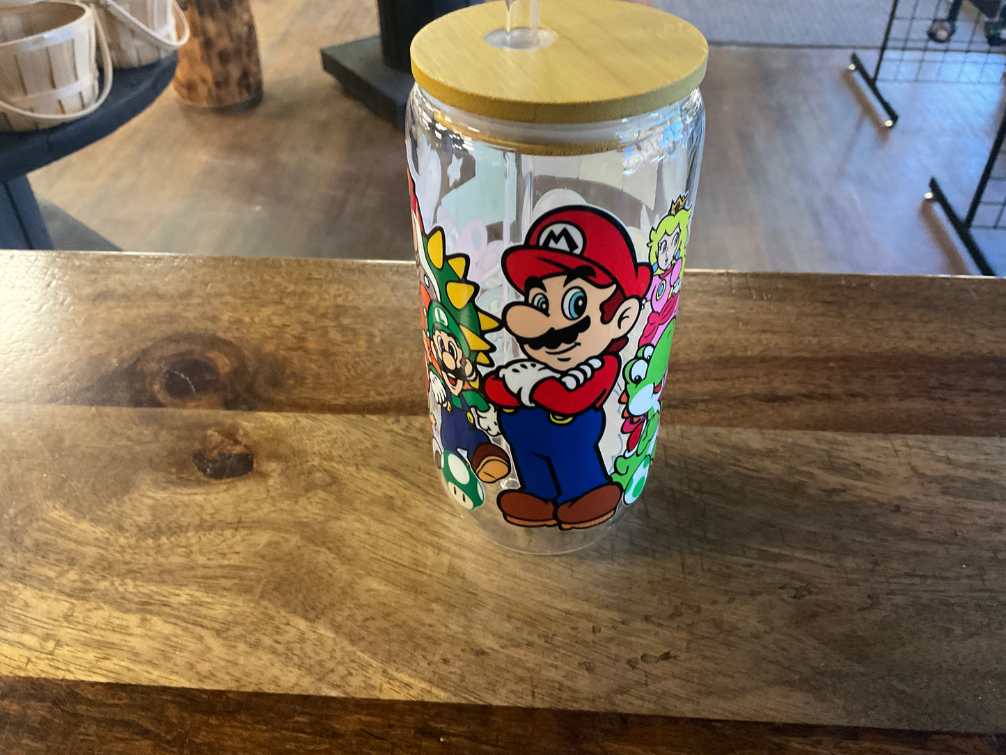 Super Mario glass can w/ UV dtf lid and glass straw