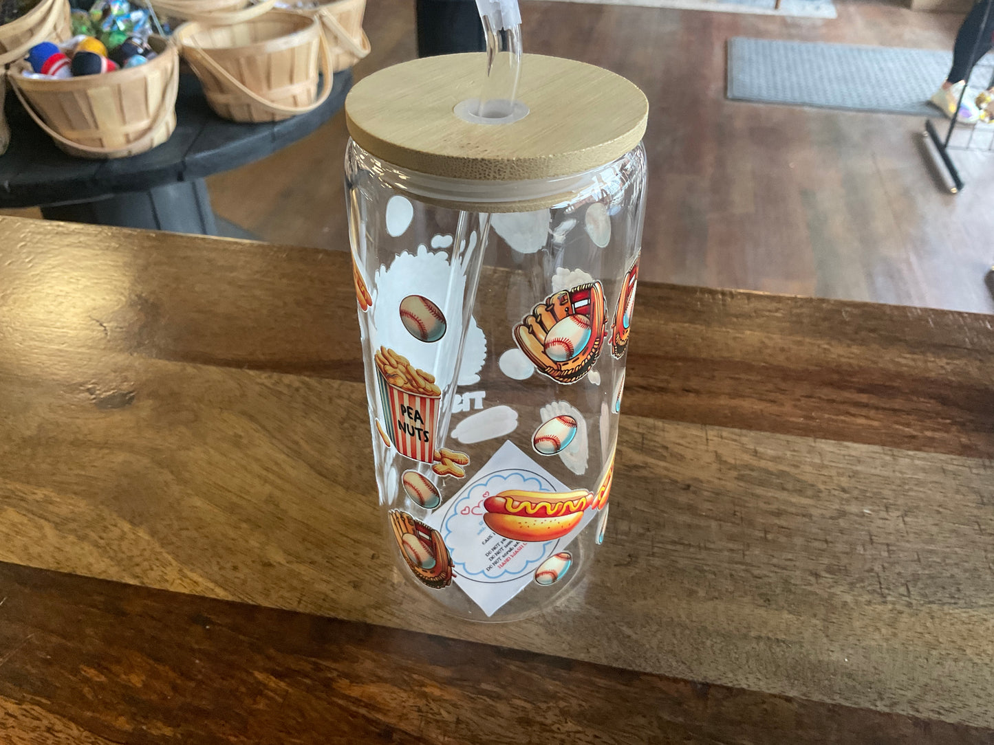 Baseball glass can with uv dtf print, lid, and glass straw