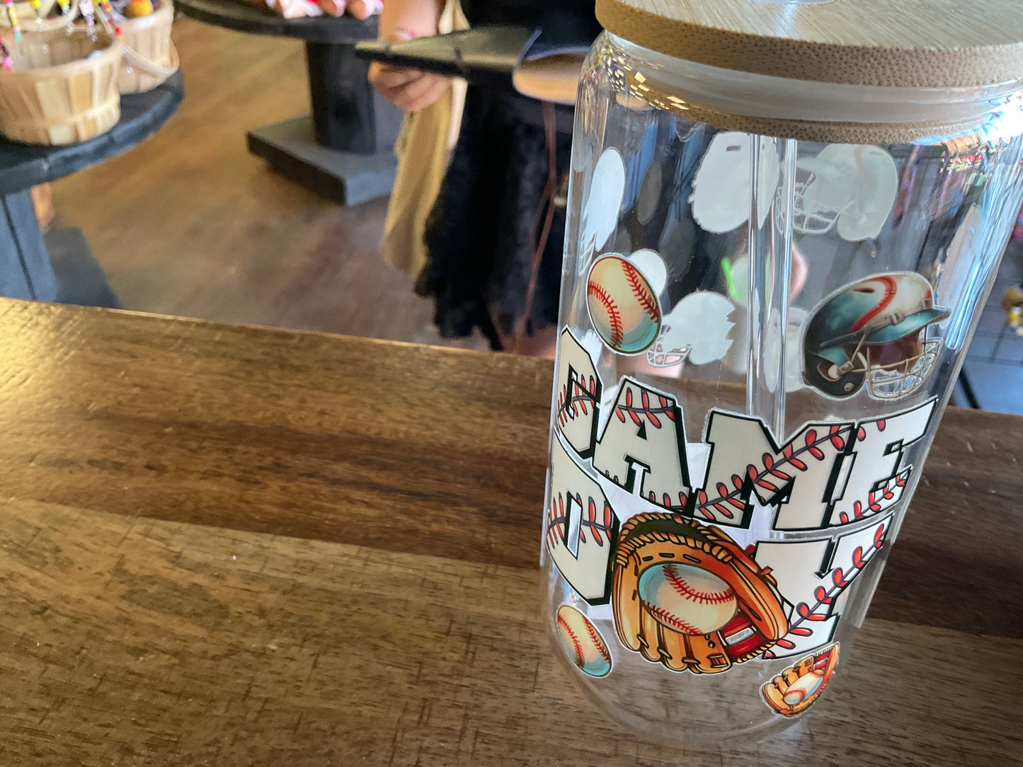 BASEBALL GDAY GLASS CAN W/UVDTF LID STRAW