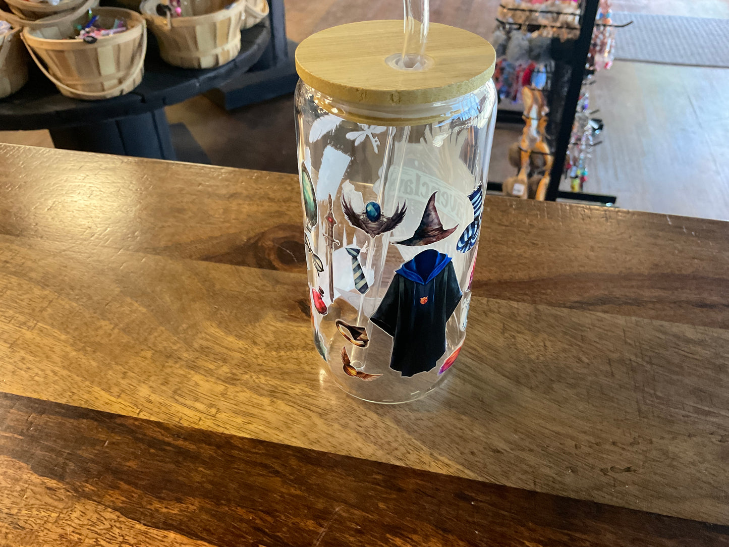 Ravenclaw glass can w/ UV dtf lid and glass straw