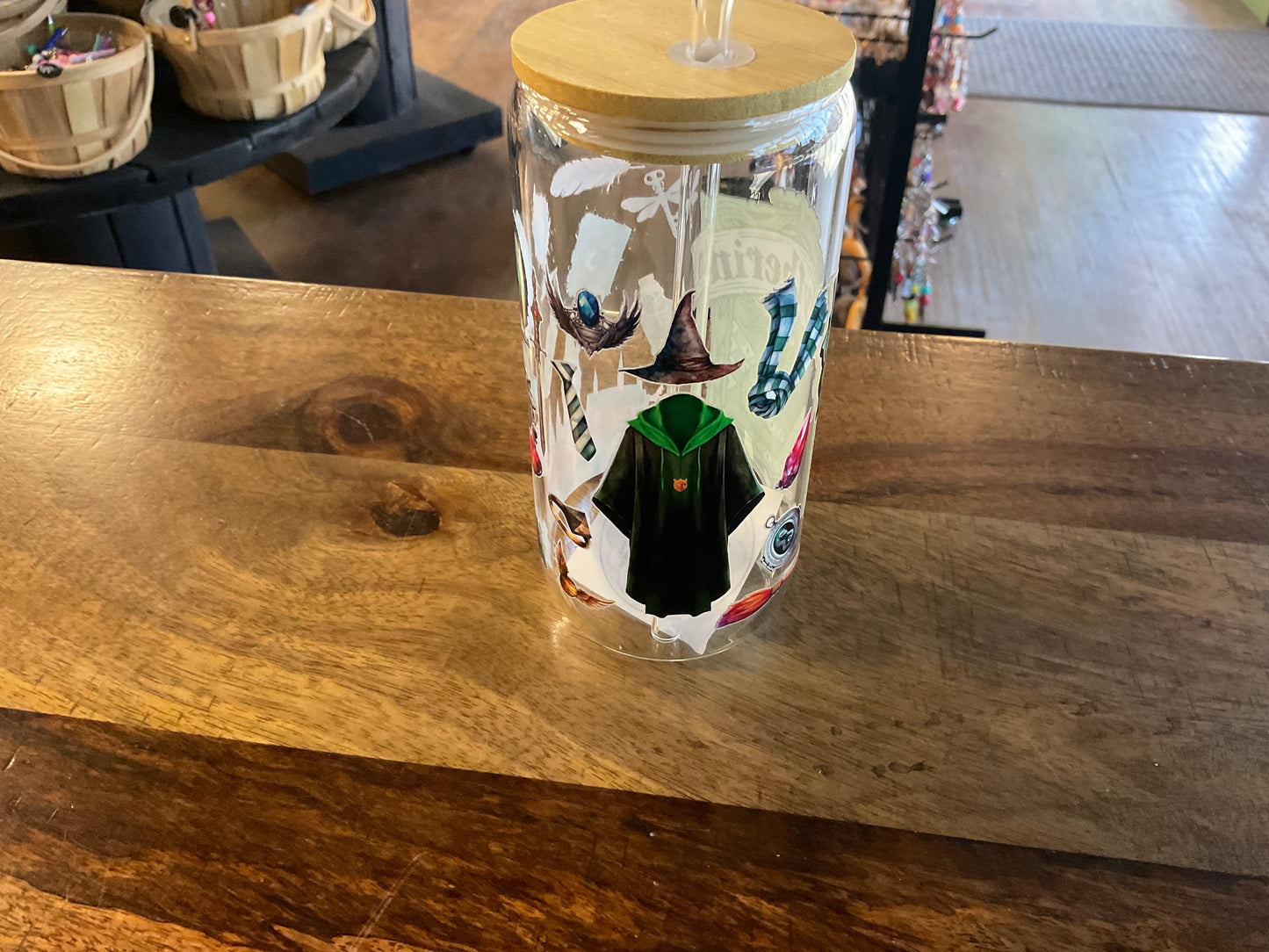 Slytherin glass can w/ UV dtf lid and glass straw