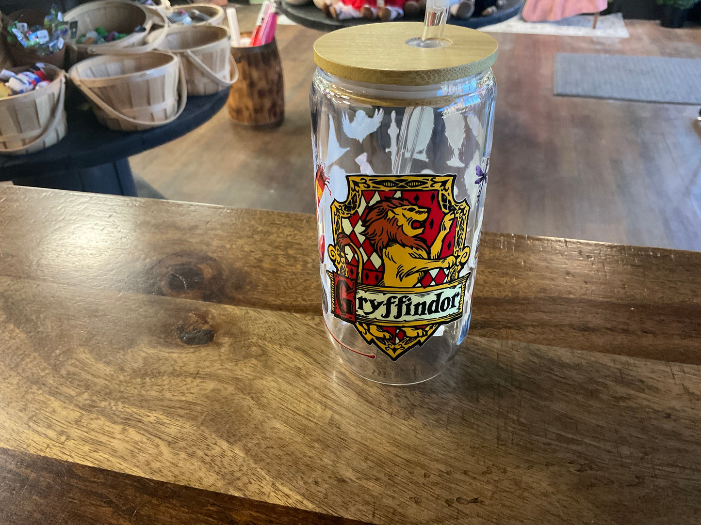 Gryffindor glass can w/ UV dtf lid and glass straw