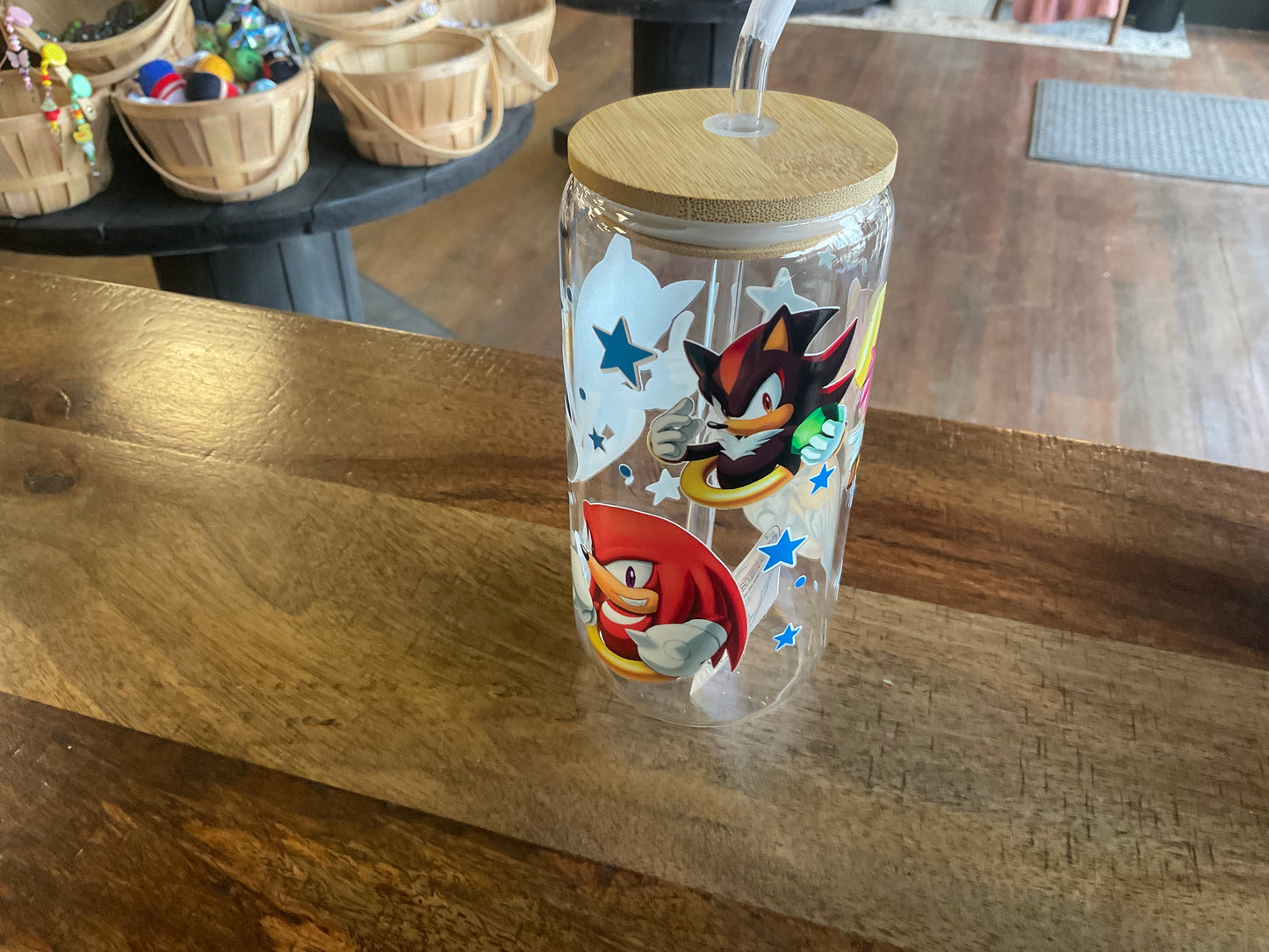Sonic glass can with uv dtf print, lid, and glass straw