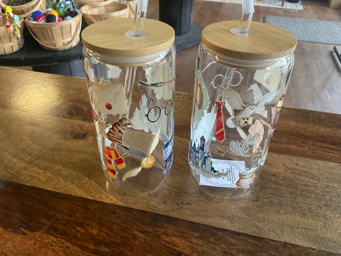 HP glass can with uv dtf print, lid, and glass straw