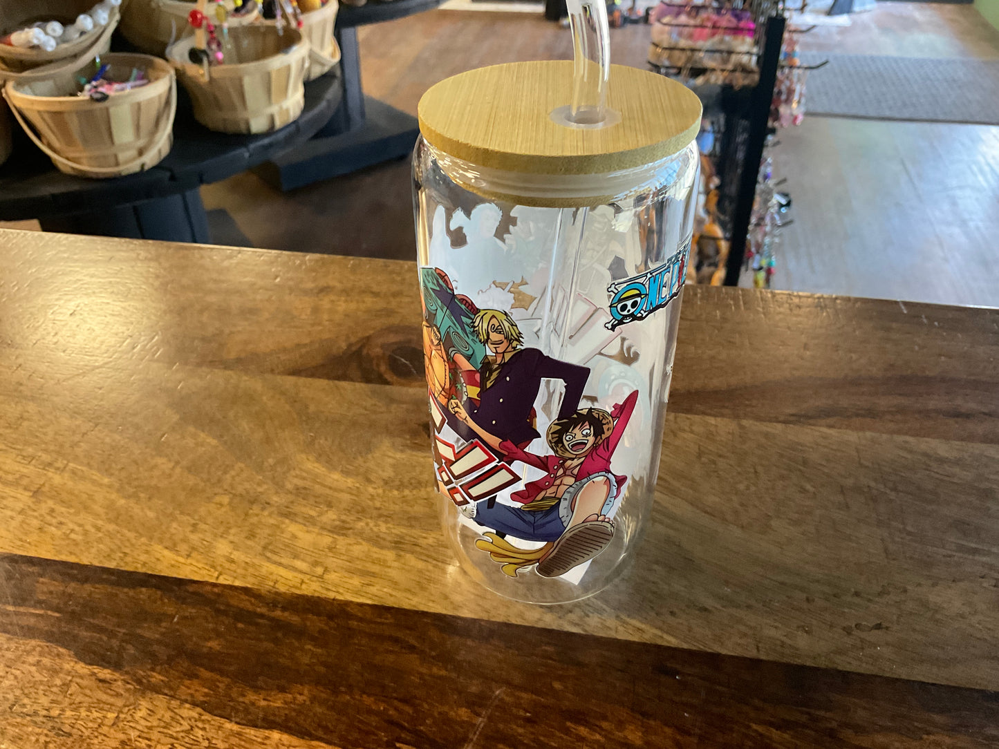 One Piece glass can w/ Uv dtf lid and glass straw