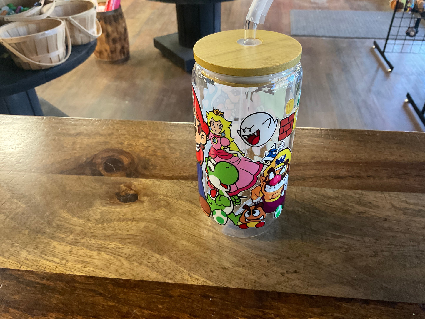Super Mario glass can w/ UV dtf lid and glass straw
