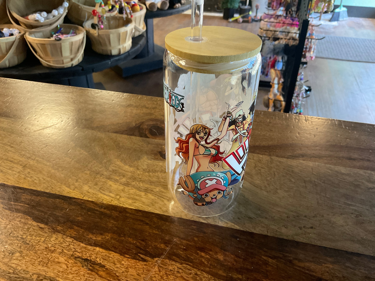 One Piece glass can w/ Uv dtf lid and glass straw