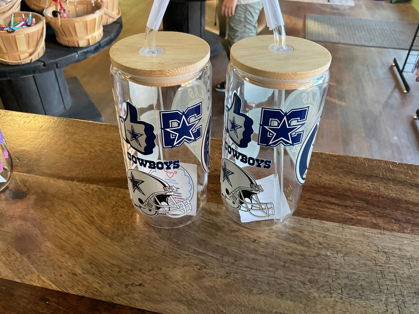 Cowboys glass can w/ UV dtf lid and glass straw