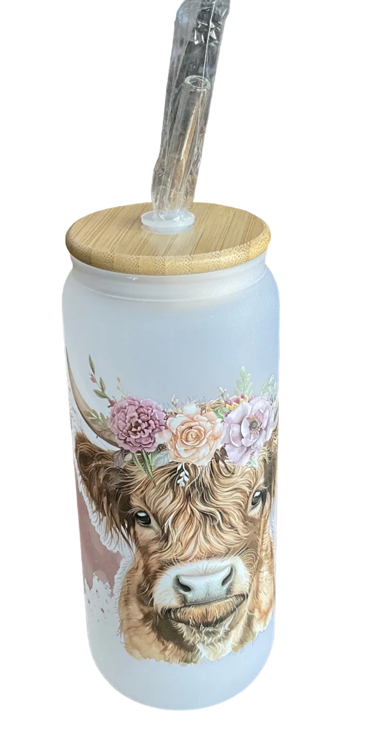 20oz GLASS CAN w/ LID,STRAW (Highland Cow)