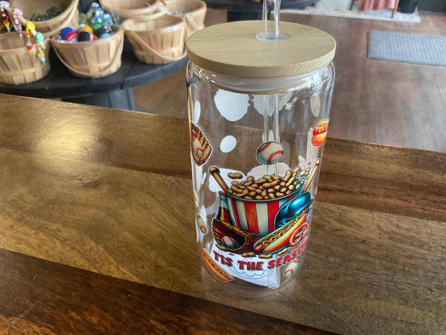 Baseball glass can with uv dtf print, lid, and glass straw