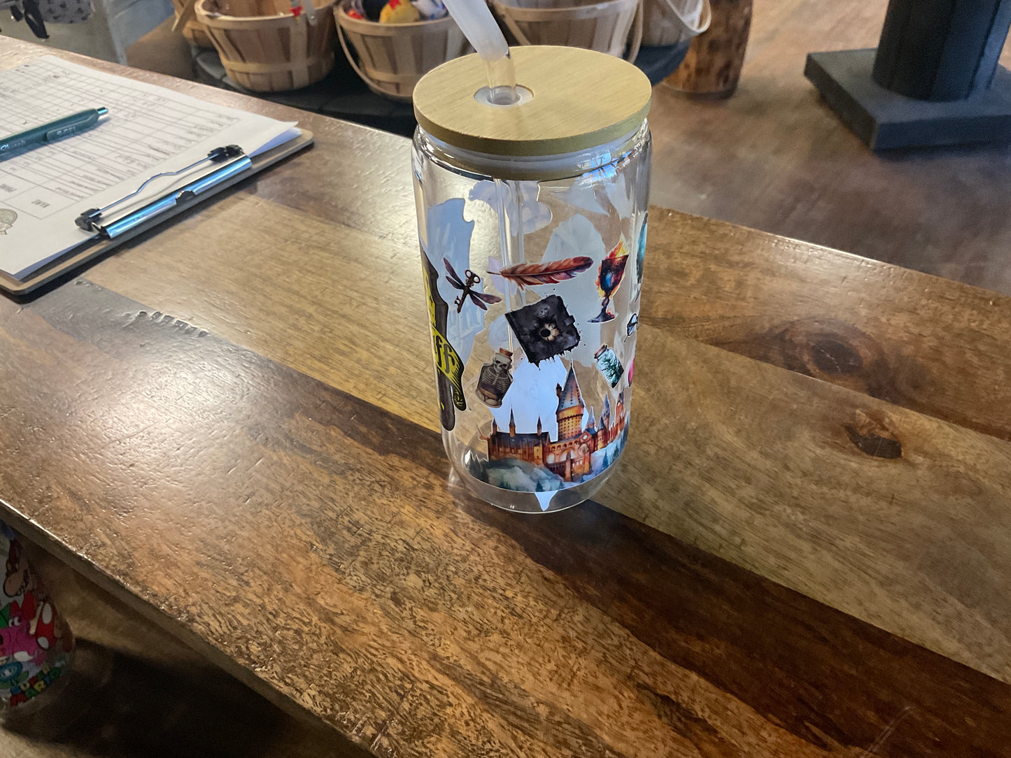 Hufflepuff glass can w/ UV dtf lid and glass straw