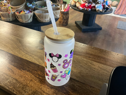 DISNEY GLASS CAN W/ UVDTF graphics and plastic straw