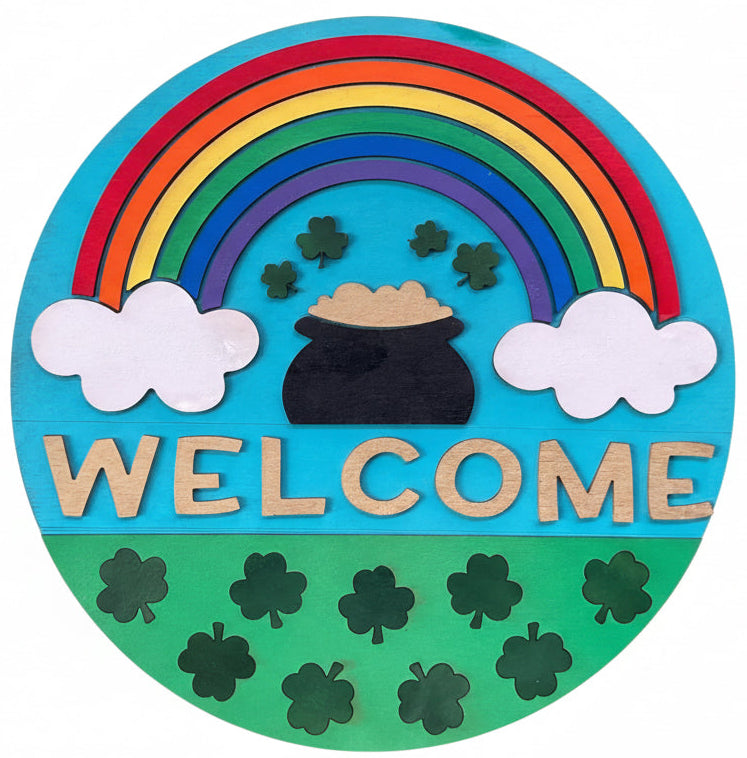 WELCOME WITH RAINBOW/SHAMROCKS WOOD 14” SIGN