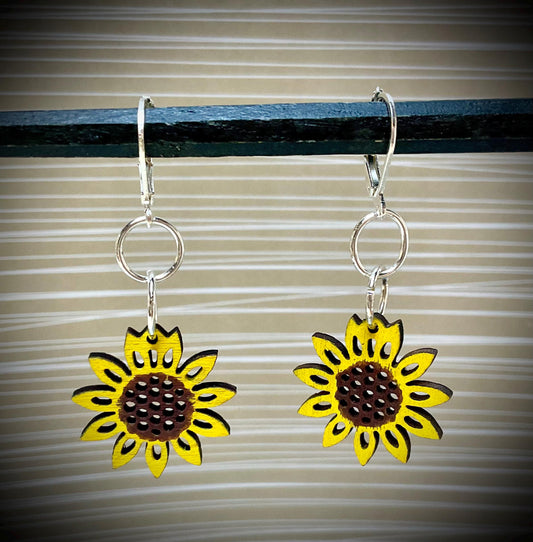 Little Sunflower Wood Earrings, Sunflower, fall, wood, earrings, wood earrings, jewelry, accessories, gift, painted, women, girls, dangles