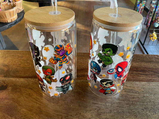 Superhero glass can w/ UV dtf lid and glass straw