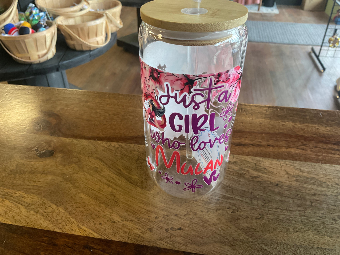 Mulan glass can with uv dtf print, lid, and glass straw