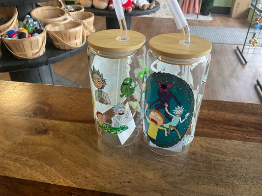 Rick and Morty glass can with uv dtf print, lid, and glass straw