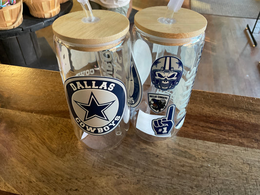 Cowboys glass can w/ UV dtf lid and glass straw