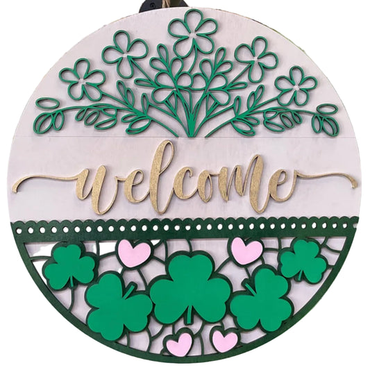 WELCOME WITH SHAMROCKS & FLOWERS WOOD 14” SIGN