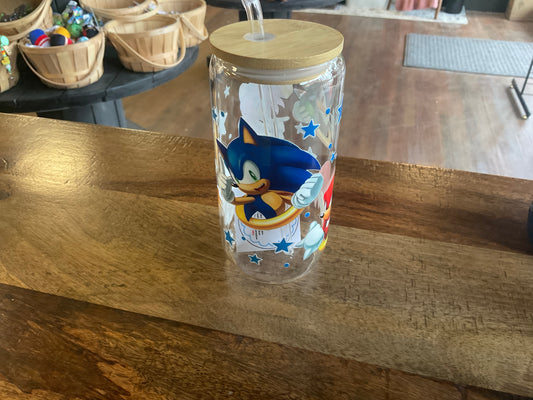 Sonic glass can with uv dtf print, lid, and glass straw