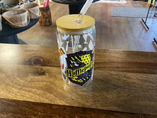 Hufflepuff glass can w/ UV dtf lid and glass straw