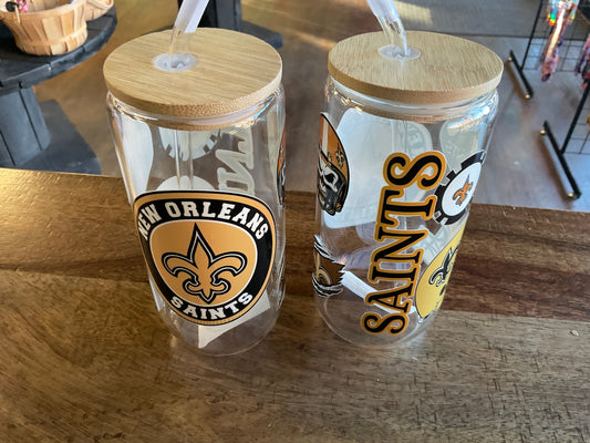 New Orleans Saints glass can w/ UV dtf lid and glass straw