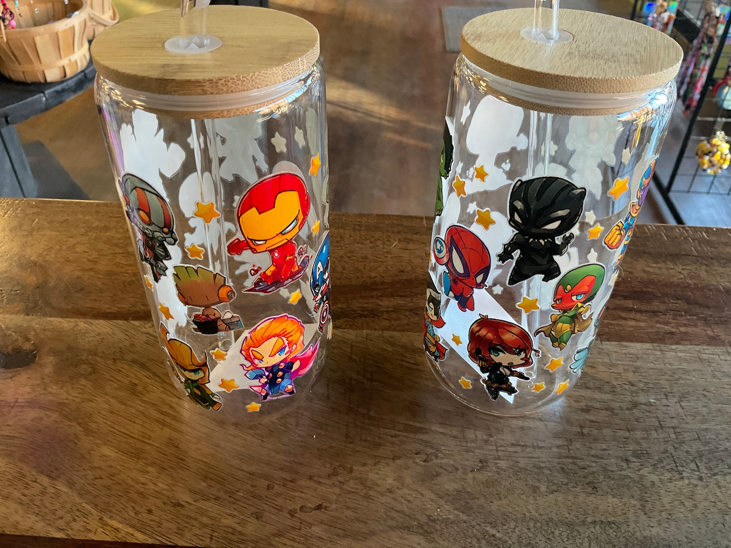 Superhero glass can w/ UV dtf lid and glass straw
