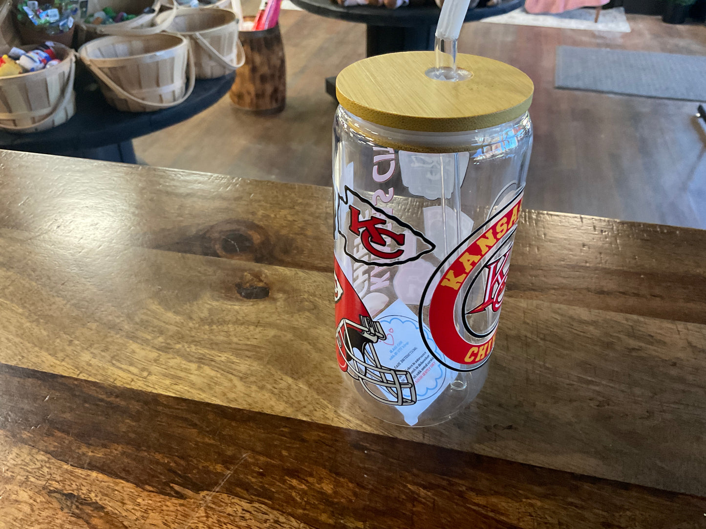 KC Chiefs glass can w/ UV dtf lid and glass straw