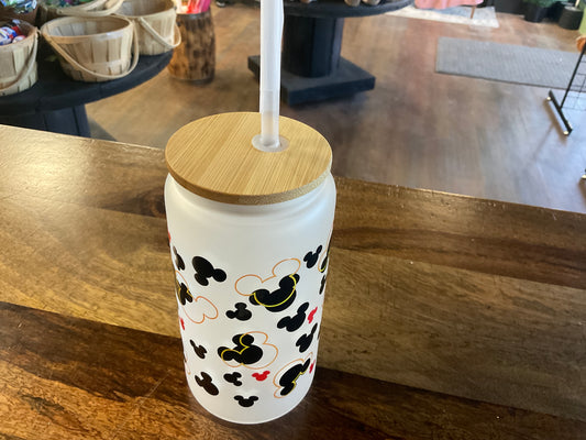 DISNEY MICKEY EARS GLASS CAN W/ UVDTF LID PLA STRAW