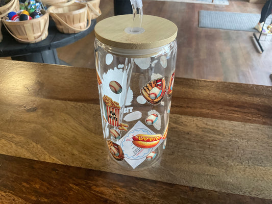 Baseball glass can with uv dtf print, lid, and glass straw