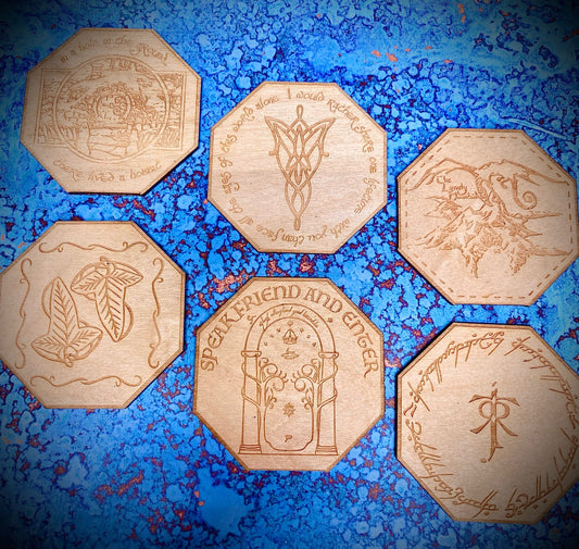Lord of the Rings Coaster Set (6 pc.), wood coasters, LOTR, lord of the rings, the hobbit, the rings of power, home decor, wood decor, gift