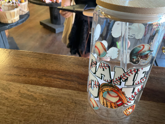 BASEBALL GDAY GLASS CAN W/UVDTF LID STRAW