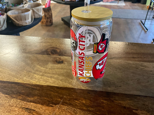 KC Chiefs glass can w/ UV dtf lid and glass straw