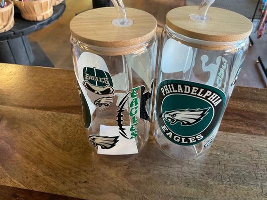 Eagles glass can w/ UV dtf lid and glass straw