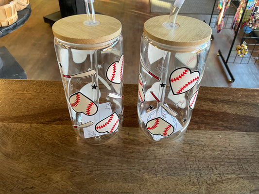 Love baseball glass can w/ UV dtf lid and glass straw