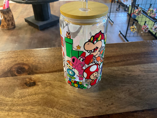 Super Mario glass can w/ UV dtf lid and glass straw