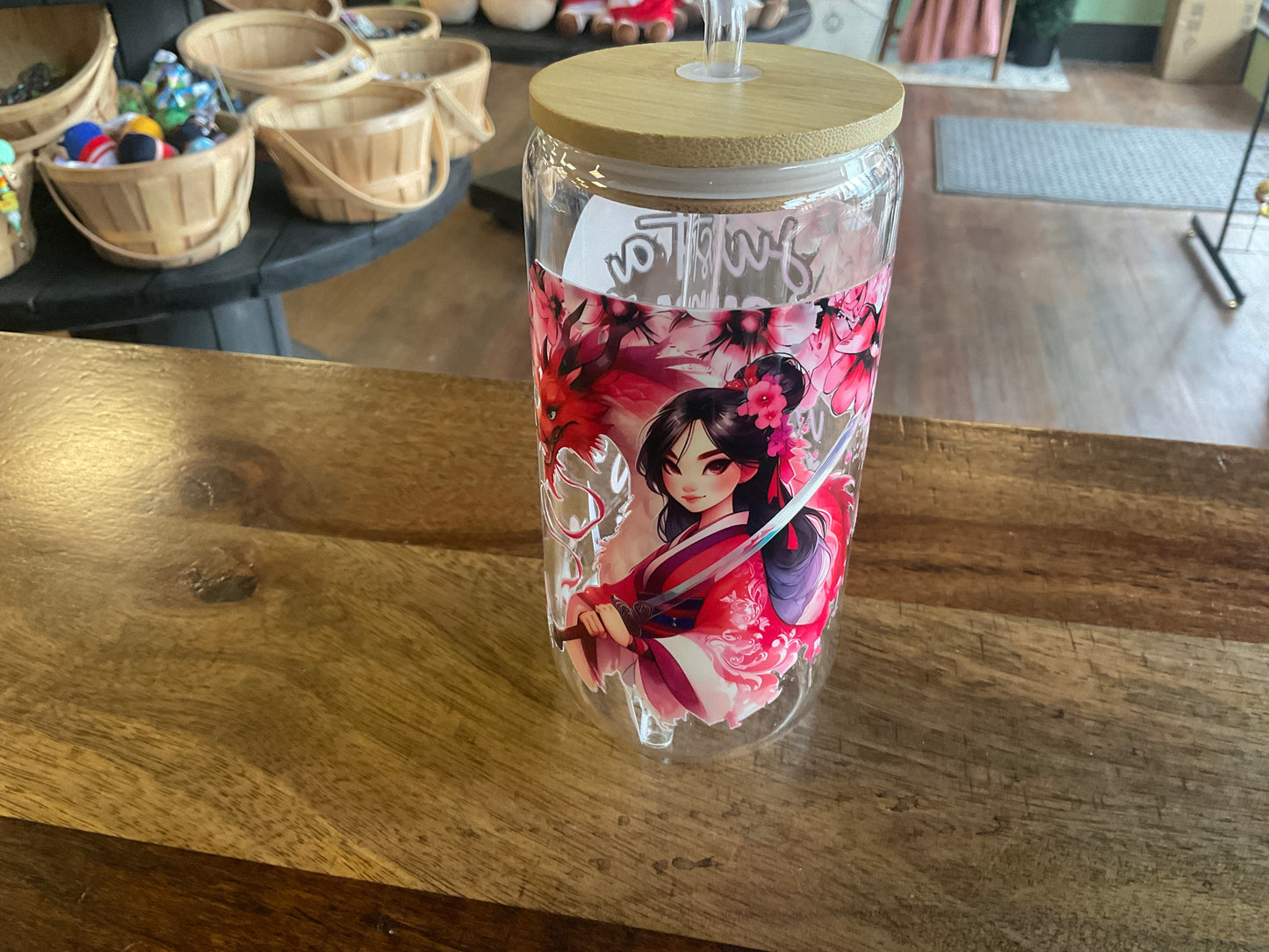 Mulan glass can with uv dtf print, lid, and glass straw