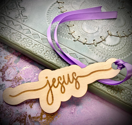 Jesus Name Wood Bookmark (1 pc), Jesus, Christian, Bible, believer, wood bookmark, wood, bookmark, laser-cut, handmade, gift, reading, books
