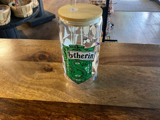 Slytherin glass can w/ UV dtf lid and glass straw
