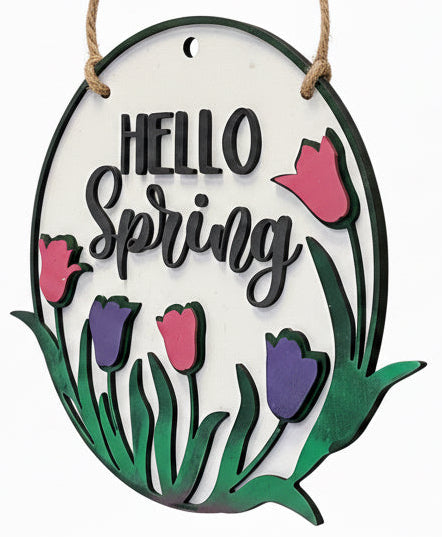 HELLO SPRING W/TULIPS WOOD 10” SIGN