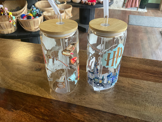 HP glass can with uv dtf print, lid, and glass straw